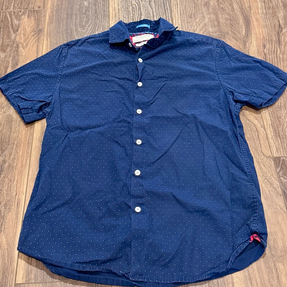 Denim & Flower Mens Navy Blue Polka Dot Slim Fit Button-down Medium Shirt